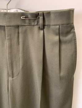 BROOKS BROTHERS, Olive Green, Wool, Solid, Zip Front, Button Closure, Pleated Front, 4 Pockets, Cuffed, Creased
