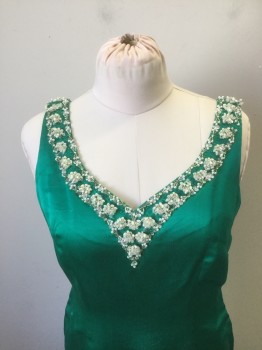 BEATRICE MORGAN, Emerald Green, White, Silver, Silk, Cotton, Solid, Emerald Satin with Pearl & Silver Bead Detail V. Neck and Left Side Seam Slit, Sleeveless