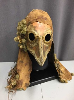 Unisex, Sci-Fi/Fantasy Mask, MTO, Tan Brown, Lt Brown, Moss Green, Leather, Leather 'Plague Like Doctors Mask' With Bird Beak, Open Eye Holes, Leather Drape Over The Head, Moss And Twigs Attached, Black Death, Middle Ages