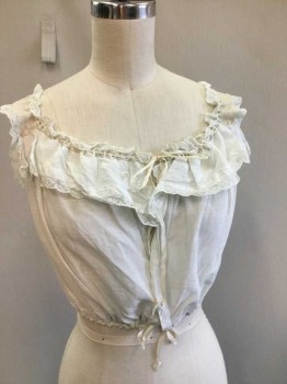 Womens, Camisole 1890s-1910s, Mint Green, Cream, Cotton, Rayon, Solid, B32, Icy Mint Cotton with Cream Ribbon Drawstring Lacing At Scoop Neckline & Waist. Lace Trim Collar Upper with CW Initials Embroidered At Collar Front, Khaki Detail On Sleeve Straps