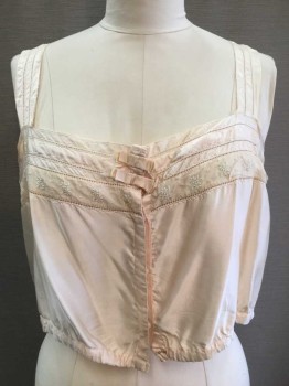 Womens, Camisole 1890s-1910s, N/L, Champagne, Cream, Silk, Solid, B 42, Button Front, Hidden Placket, Cream Floral Embroidery, Fagotting, Thick Straps, Square Neck, Elastic Waist, 2 Attached Self Bows Center Front