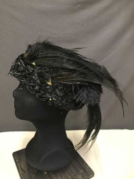 Womens, Hat 1890s-1910s, Rawak, Black, Synthetic, Feathers, Synthetic Straw Woven, Feather Plumes,