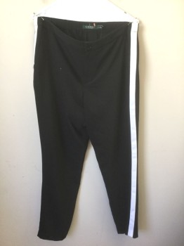RALPH LAUREN, Black, White, Polyester, Solid, Stripes, Black with White 1" Wide Outseam Stripe, Zip Fly, Elastic Waist in Back, Tapered Leg, 2 Side Pockets