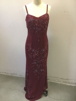 BARDELLI, Maroon Red, Polyester, Floral, Chiffon with Beaded and Embroidered Floral Pattern Throughout, Spaghetti Straps, Padded Bust, Invisible Zipper at Center Back, Floor Length Hem