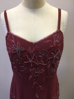 BARDELLI, Maroon Red, Polyester, Floral, Chiffon with Beaded and Embroidered Floral Pattern Throughout, Spaghetti Straps, Padded Bust, Invisible Zipper at Center Back, Floor Length Hem
