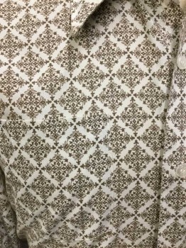 Mens, Dress Shirt, CRANBROOK, Off White, Brown, Lt Blue, Poly/Cotton, Floral, Diamonds, 34, 16 , Collar Attached, Button Front, 2 Pockets, Long Sleeves,