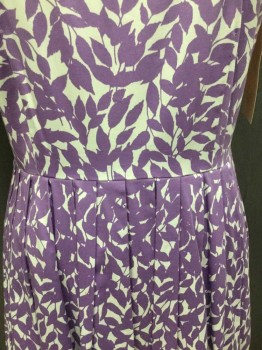 TALBOTS, White, Lavender Purple, Cotton, Floral, DRESS:  White W/lavender Leaves Print, Scoop Neck, Sleeveless, Pleat Waist Skirt,  Zip Back, See Photo Attached,