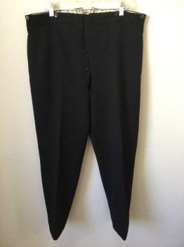 Mens, Pants 1890s-1910s, NO LABEL, Black, Wool, Solid, 28, 32, Flat Front, Button Fly, Back Adjustable Straps/Buckle, Back Welt Pocket