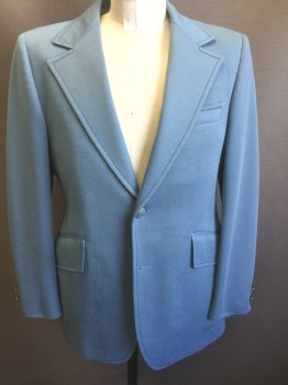 Mens, Blazer/Sport Co, TRAVELKNIT/SEARS, Sky Blue, Polyester, Grid , Solid, 40R, Self Grid Texture Polyester, Sky Blue with Navy Topstitching, Single Breasted, Wide Notched Lapel, 2 Buttons,  3 Pockets,