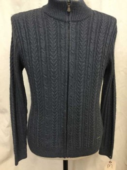 FIUME, Gray, Wool, Cable Knit, Zip Front, Moc Turtleneck,