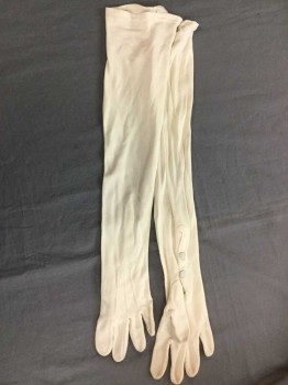 Womens, Gloves 1890s-1910s, Off White, Silk, Knit, 2 Snaps at Wrist, Long Length,