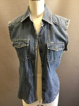 J CREW, Blue, Cotton, Solid, Button Front, 2 Breast Pockets, Cut Off Sleeves