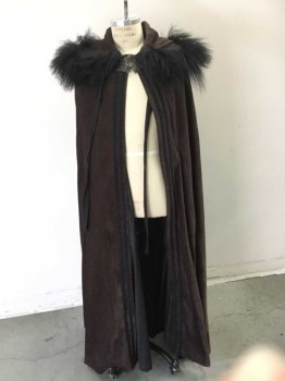 Unisex, Sci-Fi/Fantasy Cape/Cloak, NO LABEL, Brown, Black, Polyester, Solid, Large Collar, Fur Lined, Black Passementerie, Blk Twill Tie, Self Textured, Floral Metallic Clasp At Neck