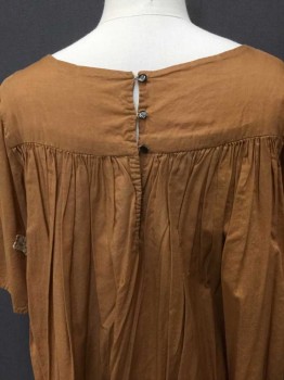 Childrens, Dress 1890s-1910s, N/L, Camel Brown, Cotton, Solid, Camel Brown, Round Neck,  Gathered Upper Chest, 3/4 Sleeves, Light Pink,orange,teal Swirl Stiches Center Front, 3 Dark Pearl Button Back
