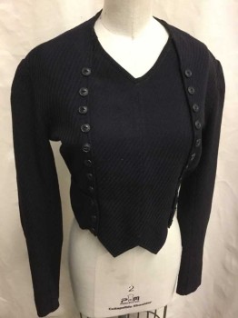Womens, Dress, Piece 1, 1890s-1910s, N/L, Midnight Blue, Wool, Solid, W:27, B:38, Bodice - Self Diagonal Ribbed Texture, L/S, V-neck, 2 Columns Of Black Buttons From Bust To Hem, Similar Row Of Buttons At Cuffs,  4" Wide Self "Belt" Panel At Waist, Hidden Snap Closures Under One Row Of Buttons,