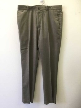 PERRY ELLIS, Lt Brown, Polyester, Rayon, Heathered, Flat Front, Zip Fly, Belt Loops, 4 Pockets