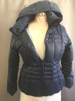 Womens, Coat, Winter, CALVIN KLEIN, Midnight Blue, Gray, Polyester, Solid, XL, Puffy Coat, Zip Front, Hooded, 2 Pockets, Gray Fleece Lining, Down Feather Filling