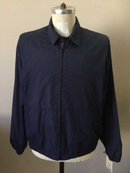 Mens, Windbreaker, THE COMPANY STORE, Navy Blue, Poly/Cotton, Solid, M, Zip Front, Collar Attached, Tab Collar Closure, 2 Pockets, Gathered Elastic Waistband/Cuff,