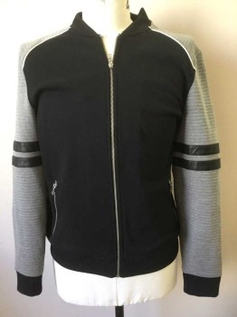 Mens, Sweatsuit Jacket, INC, Black, Gray, White, Cotton, Polyester, Color Blocking, Stripes, L, Jersey, Black Torso, Gray Ribbed Raglan Sleeves, 2 Black Pleather Stripes on Sleeves, White Piping Detail at Shoulders, Zip Front, 2 Zip Pockets, Rib Knit Neck, Cuffs and Hem
