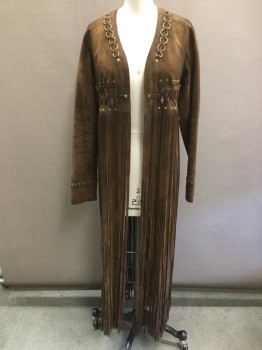 Womens, Leather Jacket, MTO, Brown, Brass Metallic, Suede, 4, Made To Order, No Closures, Short Jacket with Long Fringe, Brass Rings and Studs, Woven Leather Detail