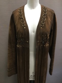 Womens, Leather Jacket, MTO, Brown, Brass Metallic, Suede, 4, Made To Order, No Closures, Short Jacket with Long Fringe, Brass Rings and Studs, Woven Leather Detail
