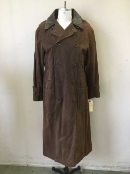 Mens, Coat, Duster, N/L, Dk Brown, Chocolate Brown, Cotton, Faux Leather, Solid, 50, Textured Twill with Chocolate Pleater Collar, Button Front, Double Breasted, 5 Buttons,  Long Sleeves, Button Tab Cuff, 1 Back Vent