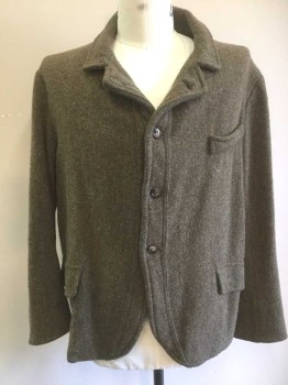 Mens, Jacket 1890s-1910s, N/L, Brown, Gray, Wool, Stripes - Micro, 46, Single Breasted, "Roll Collar" Notched Lapel, 4 Buttons, 3 Faux (Non Functional) Pockets, No Lining, Made To Order
