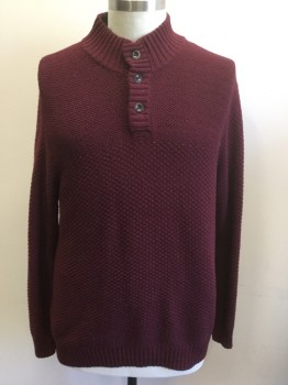 LANDS END, Maroon Red, Cotton, Nylon, Solid, Bumpy Textured Knit, Ribbed Mock Neck with 3 Buttons Placket at Center Front Neck, Long Sleeves