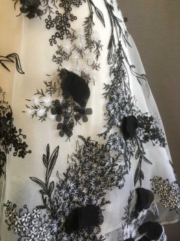 MARCHESA NOTTE, Black, White, Polyester, Floral, White Lining with Black MeshLace Overlay with White Embroidery, Deep V Neck with Eyelash Lace, Back Zip, Double Black Velvet Waist Piping with Ties, Layered White Mesh Skirt with Black & White Floral Embroidery and Black Appliqué 3D Petals, Tulle Fill Skirt