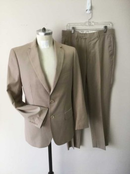 CARLO LUSSO, Beige, Polyester, Rayon, Solid, 2 Button Single Breasted, 1 Welt, 2 Pockets with Flaps, 2 Vent Slits at Back