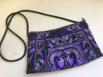 Womens, Purse, INDAH, Black, Purple, Blue, Green, Olive Green, Cotton, Floral, with Multi-colored Embroidered Floral Pattern, Pleated, Zip Closure, Solid Black Strap