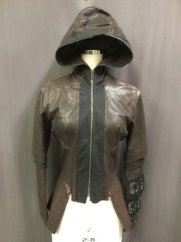 MTO, Brown, Black, Brass Metallic, Leather, Polyester, Color Blocking, Zip Front, Hooded, Tucks in Sleeves, Studded Scaled Detail, Left Forearm, Peplum, Fitted, Unlined