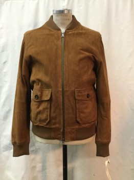 BROOKS BROTHERS, Brown, Suede, Solid, Brown Suede, Zip Front, 2 Flap Pockets