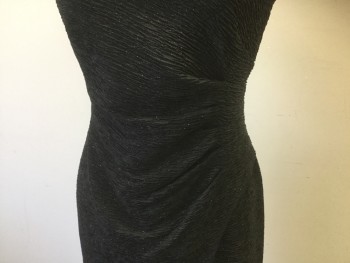 MARINA, Black, Polyester, Solid, Black with Silver Glitter, Ruching Fabric, Cut Out V-neck with Boning, Sleeveless, Side Waist Pleating, Cross Over Skirt with Front Opening, Back Zipper