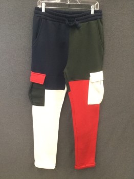 AMERICAN STITCH, Navy Blue, Red, Forest Green, White, Poly/Cotton, Color Blocking, Colorblock Sweatpants, Elastic Drawstring Waistband, 4 Pockets + 2 Cargo Pockets, Rolled Cuff
