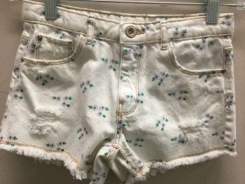 Childrens, Shorts, N/L, White, Powder Blue, Green, Red, Cotton, Floral, Girls, W:24, Girls Size, Denim Shorts, White with Novelty Floral Pattern, Cut Off Hems, Zip Fly, Distressed Detail/Holes
