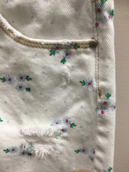N/L, White, Powder Blue, Green, Red, Cotton, Floral, Girls Size, Denim Shorts, White with Novelty Floral Pattern, Cut Off Hems, Zip Fly, Distressed Detail/Holes