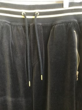 INC, Black, Gold, Cotton, Polyester, Solid, Velour, Ribbed Waist/cuffs  with Gold Metallic Stripes, Zipper Pockets