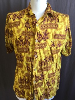 WHITE OAK, Yellow, Maroon Red, Gray, Rayon, Hawaiian Print, Collar Attached, Button Front, 1 Pocket, Short Sleeves,