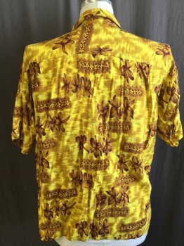 WHITE OAK, Yellow, Maroon Red, Gray, Rayon, Hawaiian Print, Collar Attached, Button Front, 1 Pocket, Short Sleeves,