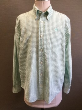 BROOKS BROS, Mint Green, White, Cotton, Check , Seersucker, Button Front, Collar Attached, Button Down Collar, Long Sleeves