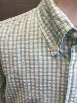 BROOKS BROS, Mint Green, White, Cotton, Check , Seersucker, Button Front, Collar Attached, Button Down Collar, Long Sleeves
