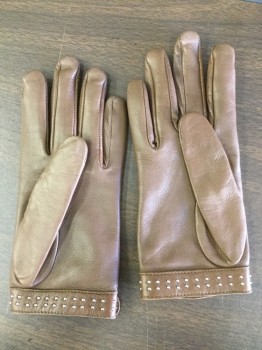 Womens, Leather Gloves, GUCCI, Brown, Leather, Metallic/Metal, Solid, Small, 7, Driving Gloves, Tiny Sliver Studs, Snap, Lined in Silk