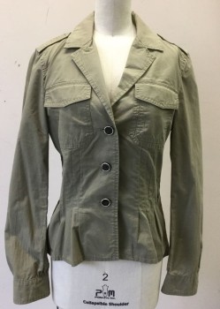 BANANA REPUBLIC, Lt Olive Grn, Cotton, Solid, Single Breasted, Notch Collar, 3 Buttons, 2 Pockets with Flap Closures at Bust, Epaulettes at Shoulders, Peplum Waist with 4 Pleats at Either Side, No Lining