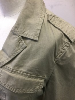 BANANA REPUBLIC, Lt Olive Grn, Cotton, Solid, Single Breasted, Notch Collar, 3 Buttons, 2 Pockets with Flap Closures at Bust, Epaulettes at Shoulders, Peplum Waist with 4 Pleats at Either Side, No Lining