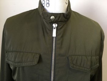 ZARA, Olive Green, Black, Polyester, Solid, Band Collar, Zip Front, Pocket Flap, Slit Pockets W/black Faux Leather Trim, Zip Sleeve Detail