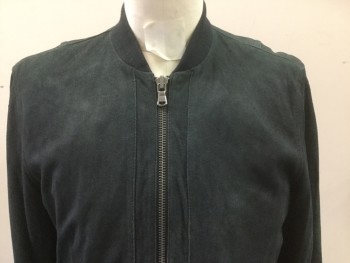 JOHN VARVATOS, Teal Blue, Suede, Solid, Rib Knit Band Collar/ Cuffs/ Waist Band, Zip Front, Slit Pockets, Repaired Cut on Left Shoulder Blade
