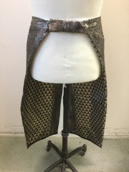 Mens, Sci-Fi/Fantasy Piece 2, N/L MTO, Silver, Orange, Leather, Polyester, Geometric, 34, Skirt/Apron: Metallic Leather with Small Square and Diamond Cutouts Revealing Orange Glittery Metallic Underneath, 2 Vertical Mid Calf Length Panels on 1.5" Wide Waistband, Self Ties at Waist with Snap Closures, Made To Order