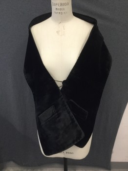 NL, Black, Cotton, Solid, Velvet Rectangular Shawl 1 Large Single Button and Loop Closure at Center Front, 2 Pockets at Front. Button Loop Needs Reinforcing See Close Up,