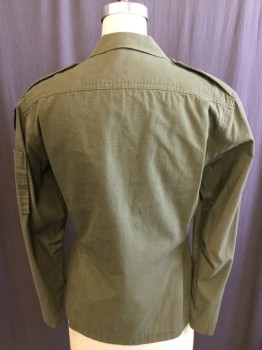 Olive Green, Brown, Black, Cotton, Solid, Army Jacket/shirt, Long Sleeves, Collar Attached, Epaullette, Button Front, Patch Flap Pockets, Patches, Us Army